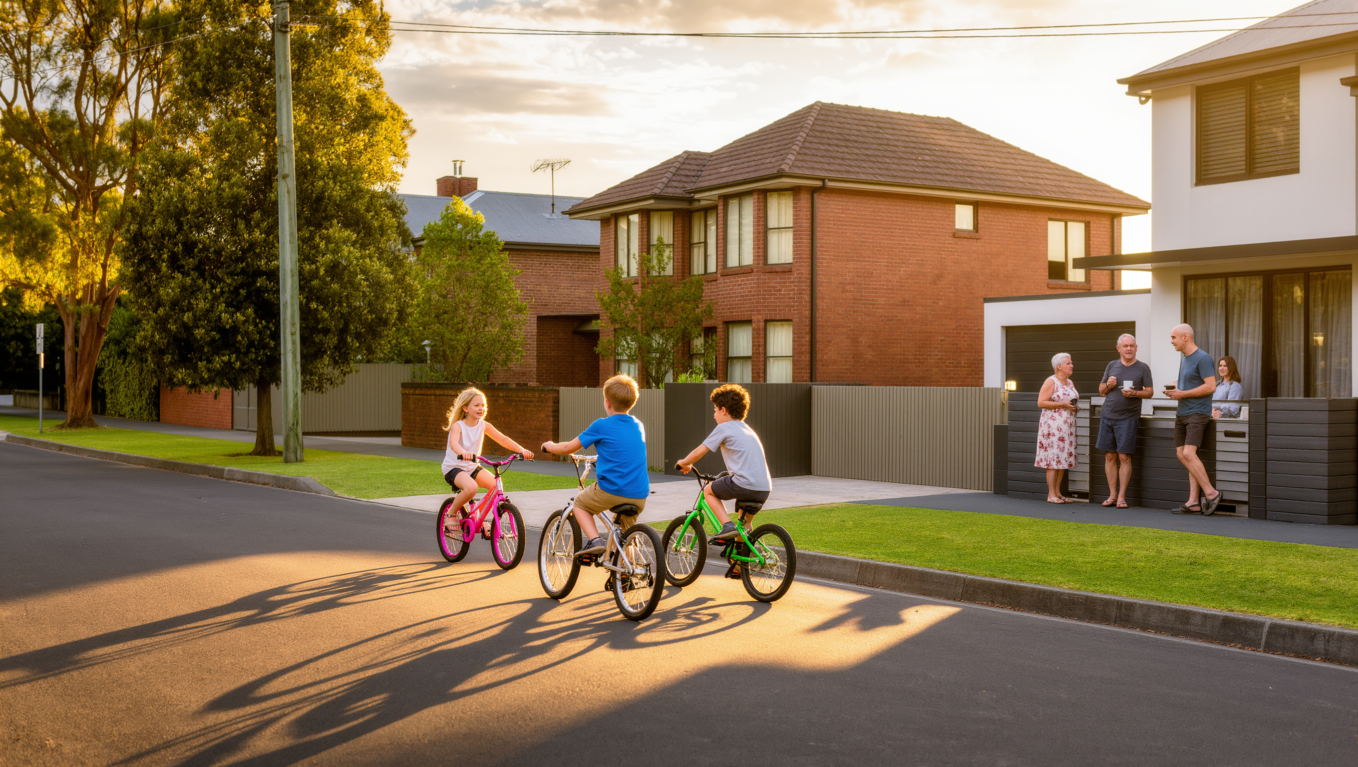 Established residential street at golden hour